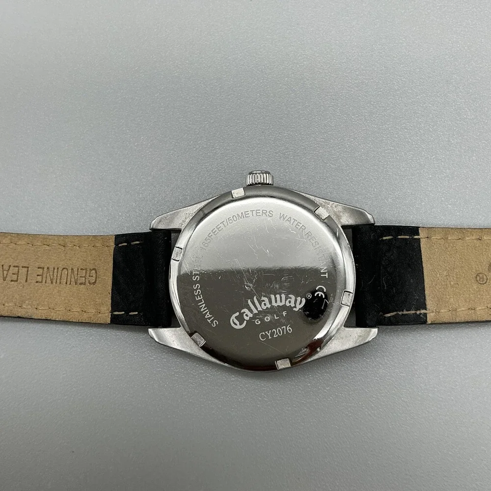 Callaway Golf Unisex Watch 33mm Silver Dial Black Leather Date 50m New Battery